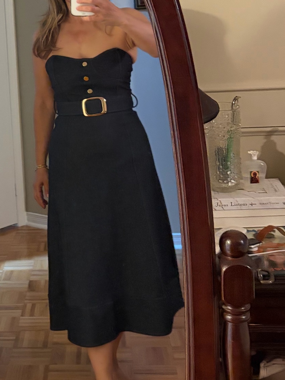 NWOT Zara Strapless denim Dress in dark blue. Gold Accents. Took off tags.